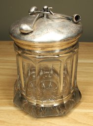 Antique Cut Crystal Jar With Silver Plate Smoking Pipe Lid