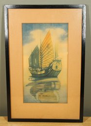 Antique Chinese Watercolor Print Smooth Sailing Ship Framed