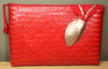 Abalone Shell Snakeskin And Red Straw Clutch Purse