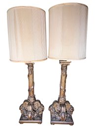 Antique Pair Tall Gilt Wood Quadruple Rams Head Base Lamps