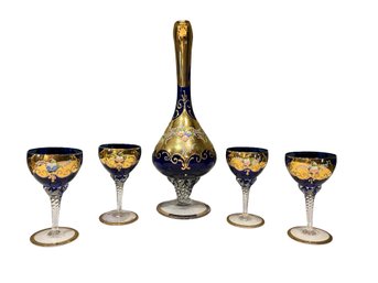 Vintage Bohemian Venetian Art Glass Carafe Ewer Wine Glasses Cobalt Heavy Gold Flower