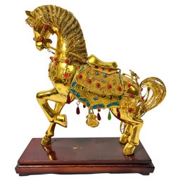 Ornate Gold Jeweled Enameled Carousel Horse Sculpture On Base