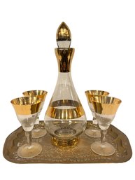 Glass Decanter And Glass Set Gold Rimmed On Gold Metal Tray