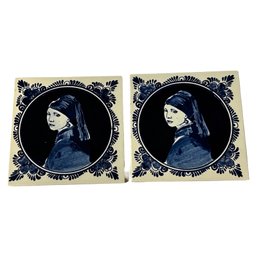 Two Blue Delft Tile 'the Girl With The Pearl Earing' Wall Decor
