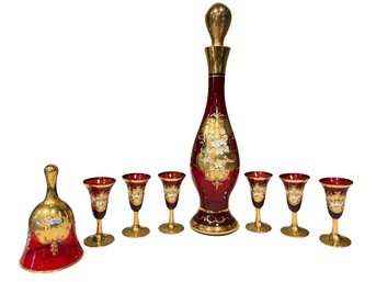 Vintage Bohemian Venetian Art Glass Decanter Cordials Bell Heavy Gold Flower
