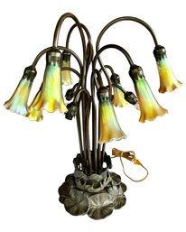 Antique Tiffany Studios Style Patinated 10 Light Lily Table Lamp American, Reproduction