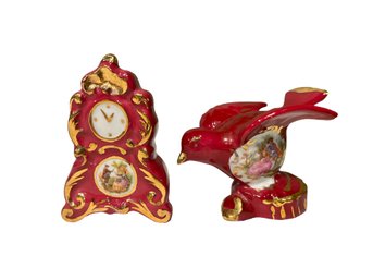 Vintage Limoges Hand-painted Porcelain Dove And Clock Miniatures