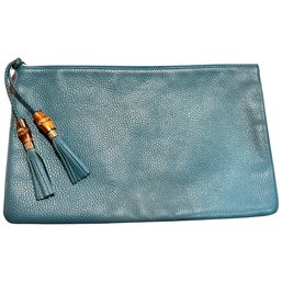 GUCCI BAG CLUTCH PURSE BLUE LEATHER BAMBOO ACCENTS AUTHENTIC