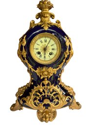 Antique French Brevete Gilt Bronze Cobalt Blue Mantle Clock