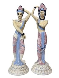 Tall Vintage Siamese Buddha Thai Temple Porcelain Dancing Figurines