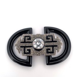 VINTAGE CARTIER STYLE 925 STERLING SILVER ONYX MARCASITE CZ BROOCH - ART DECO ELEGANCE