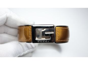 GUCCI Gold Leather Metal G Logo Bangle Bracelet