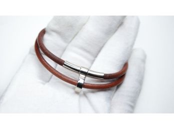 HERMES Kite Bracelet And Choker NECKLACE Bangle Logo Brown Leather Accessory Good