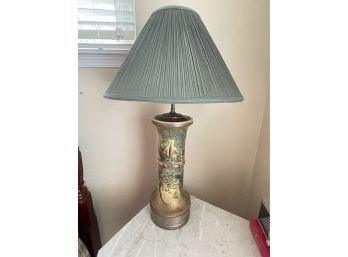 ANTIQUE HAND PAINTED PORCELAIN LAMP WITH TIN BASE GREEN SHADE