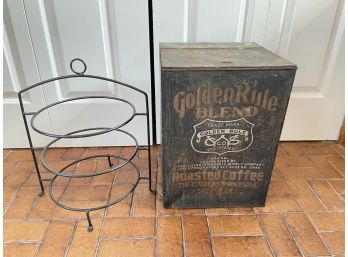 TIN VINTAGE STORAGE CONTAINER AND PLATE RACK