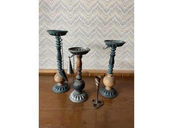 3 Wood & Metal Candlesticks & Metal Snuff