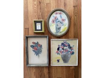 4 Framed Works On Paper Floral Motif, Some Original