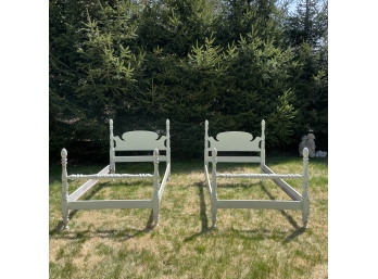 Pair Of Paint Decorated Carved Wood Twin Bed Frames