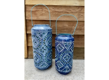 Pair Of Blue Punched Metal Lanterns