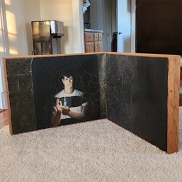 Boy Holding Candle Infront Of Spider Webs Curved Framed Oil On Cavas Painting Circa 1967