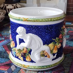 Vintage Cherub Large Majolica Italian Planter With Fruits Motif Circa 1960