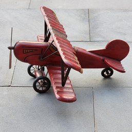 Large 1950s Hand Carved Wood Red Biplane Fighter Pilot Plane Airplane 30 X 28