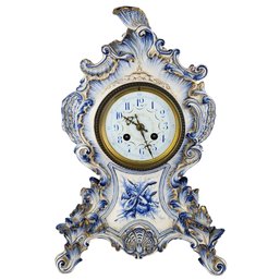 Medaille De Bronz L.Marti Blue & White Mid-Century Porcelain Mantle Clock