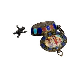 Egyptian Revival Moses Basket Enamel & Silver Pendant & Locket