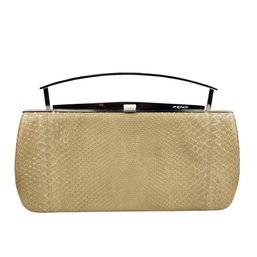 Fendi Cream Python Clutch With Collapsible Chrome Handle