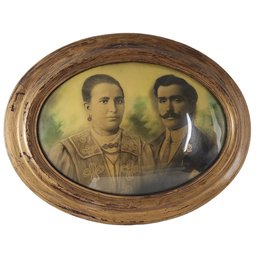 Antique Convex Oval Bubble Glass Picture Framed Of Husband & Wife
