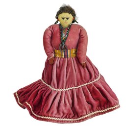 Native American Hand-made Navajo Doll Red Velvet Dress & Beads