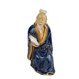 Vintage Chinese Mudman Holding A Vase Pottery Sculpture 3.5'