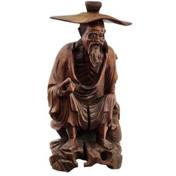 Vintage Chinese Hand Carved Farmer Wooden Sculpture 8.25'