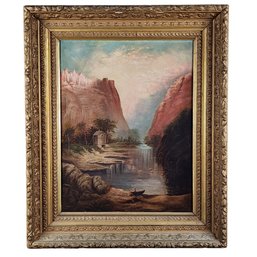 1889 Old Master Signed Hudson River School Landscape 'Man In A Boat' Oil On Canvas Painting By G.Harrison
