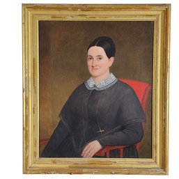 1848 Calvin Curtis Old Master Oil On Canvas Painting Of Mrs. Wilson Sitting On A Red Chair 30' X 25' 2 Of 2
