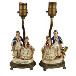 Set Of Two Antique Leviton Figurine Porcelain Lamps Marked F 19