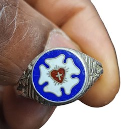 Vintage Lutheran Rose Cross Sterling Silver Enamel Heart Ring 9.5 Sizable