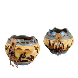 Vintage Pair Of Pottery Barn Blue & Brown Glaze Native American Scene