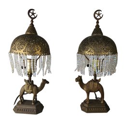 Vintage Brass Middle Eastern Pair Of Camel Lamp With Islamic Shade 17' 1 Of 3