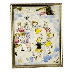 Rare 1974 Fern Kerner Hand Painted Glass Painting 'Children Playing' 8' X 10'