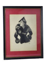 Vintage Framed 1930s Fashion Illustration Watercolor Of A Beautiful Lady Marked DL