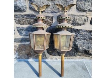 Pair Of Antique Lantern Of Carriage Lamp Aigle With An Eagle 28.25'