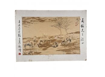 Chinese Horses Grazing Ink & Brush Painting, Watercolor Figural Art By Xin Chou Mu Lao Zhang Circa 1940-50