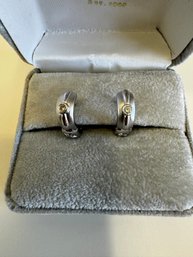 14K White Gold Huggie Earrings With Diamonds