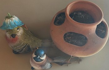 Terra Cotta Planter  Strawberry Jar & 2 Birds