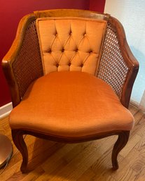 Salmon / Coral Upholstered French Tufted Back Armchair With Cane Arm Sides  (Pickup Only)