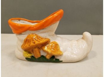 Vintage 1970s Ceramic Mushrooms On Elf Shoe Figural Planter, Orange & Speckled Tan, 7x4x3.5