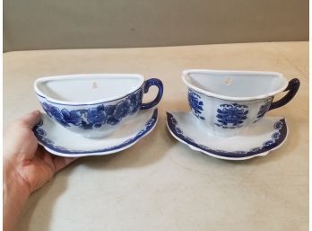 2 Teacup Wall Pocket Planters, Blue Floral On White, 9'w X 4.75'd X 4'h, 8.5'w X 4.25'd X 4.75'h