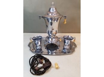 Antique Farberware Marlboro Pattern Coffee Service With Percolator, Cream, Sugar & Tray, Chrome, Wood Drops