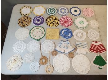 Lot Of 34 Vintage Crocheted Doilies, Pot Holders, Window Shade Pulls, Etc., 6' Diameter Max